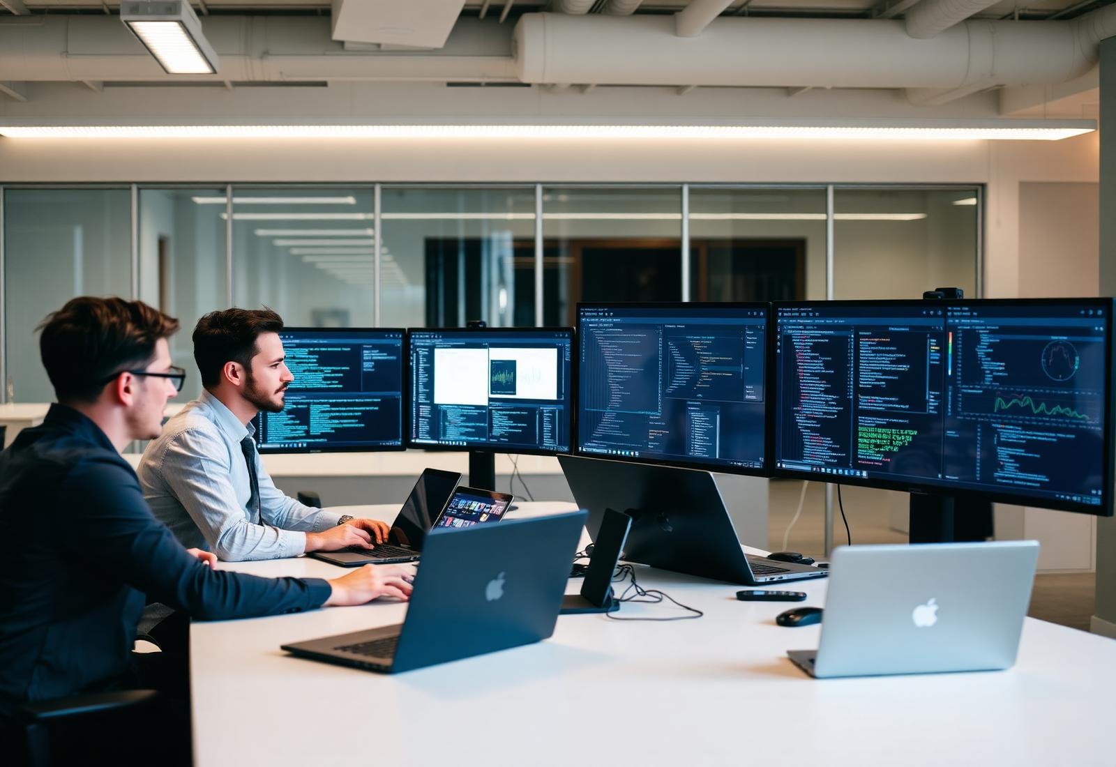 Software engineers collaborating on code and analytics dashboards